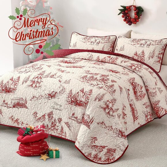 Christmas Quilt Set Queen Size, Red Hand-Painted Imagery Bedspread Coverlet Set - Picture 2 of 7